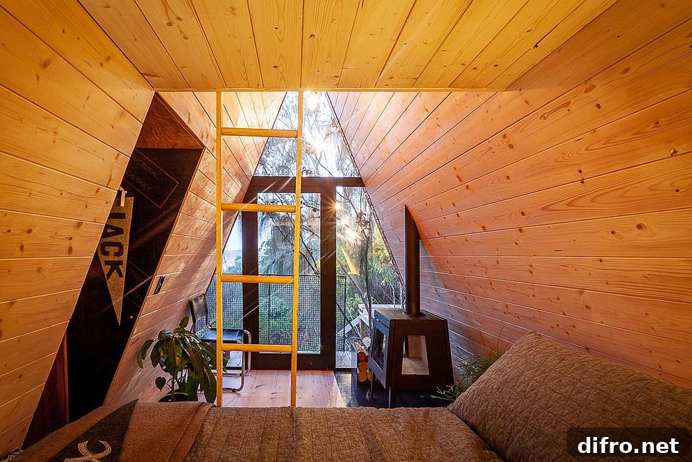 Interior of the A-frame house.