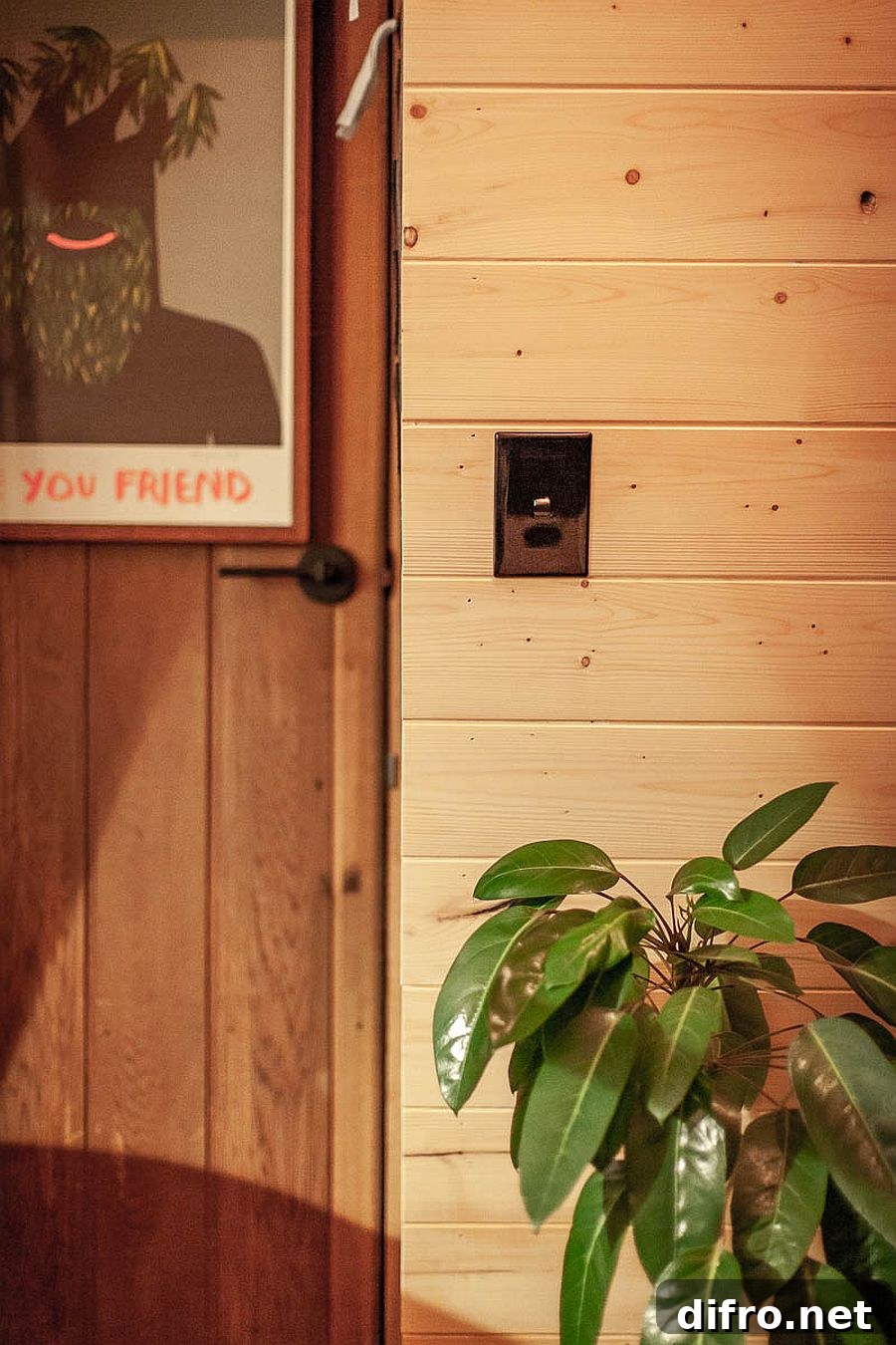 Closeup of the wood walls and a plant.