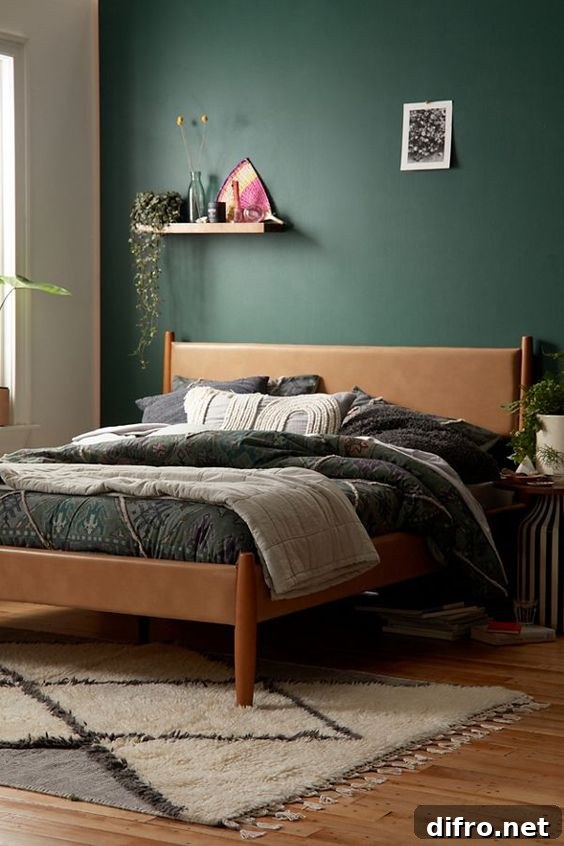 Dark green accent wall with leather headboard
