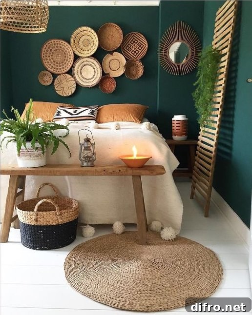 Textured boho bedroom with deep green walls and woven accents