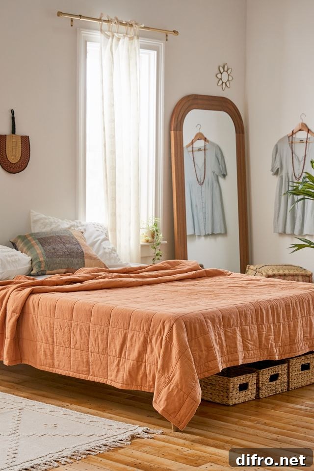 Terracotta bedspread with wooden decor