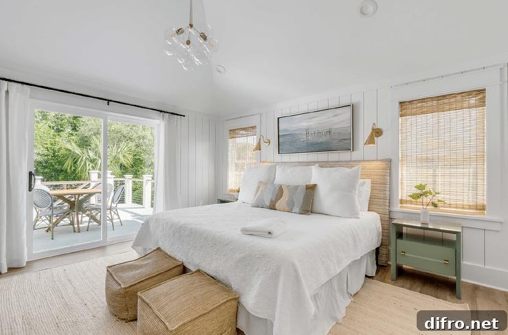 Restful beige bedroom with woven headboard and green nightstands