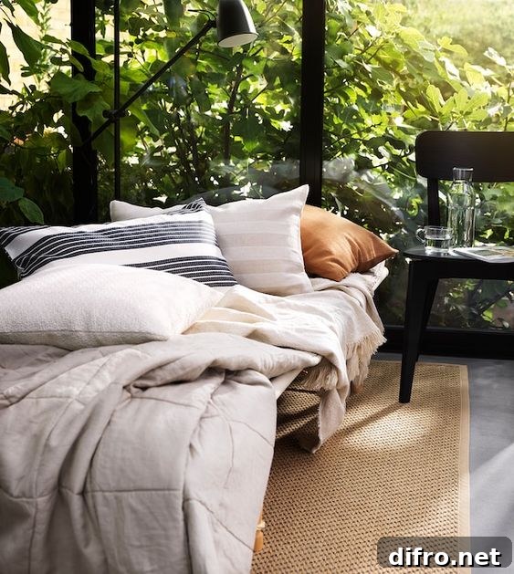 Jute area rug with taupe bedding and large windows