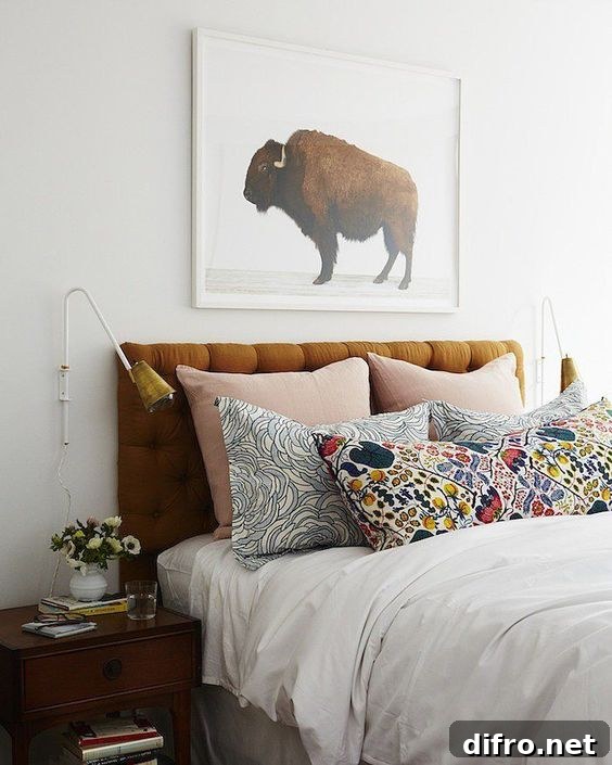 Animal artwork in an earth-toned bedroom