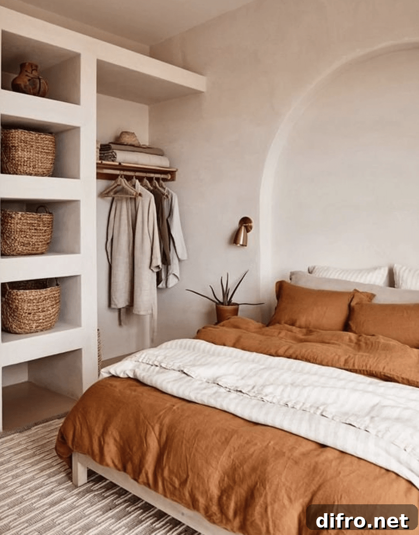 Boho linen bedding against a cement wall with mustard accents
