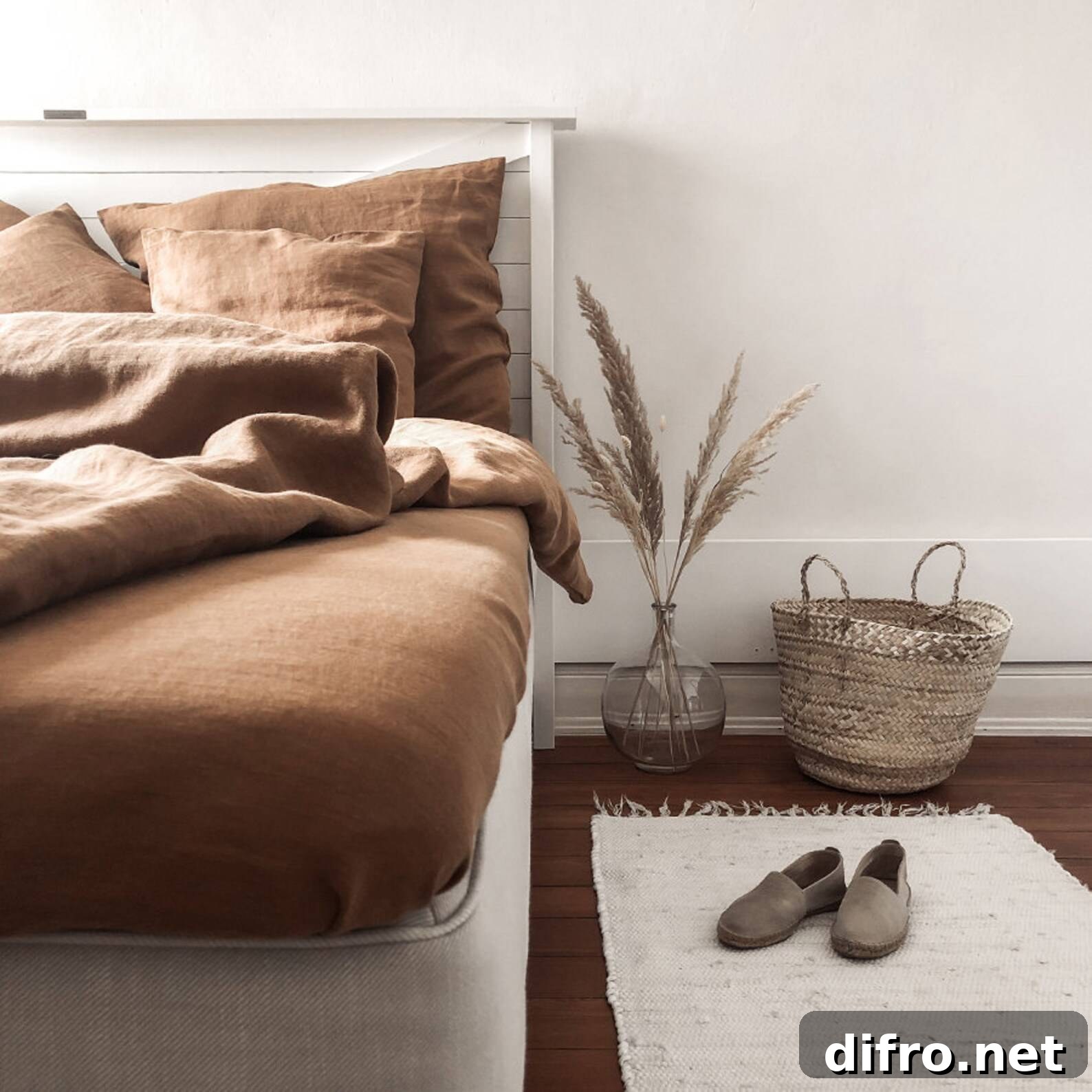 Cinnamon linen bedding styled with natural accessories