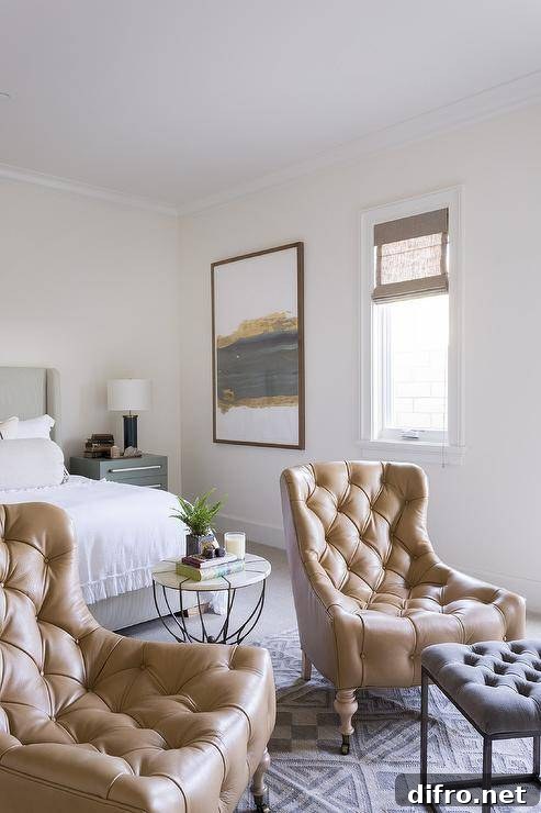 Caramel leather accent chairs in a bedroom sitting area