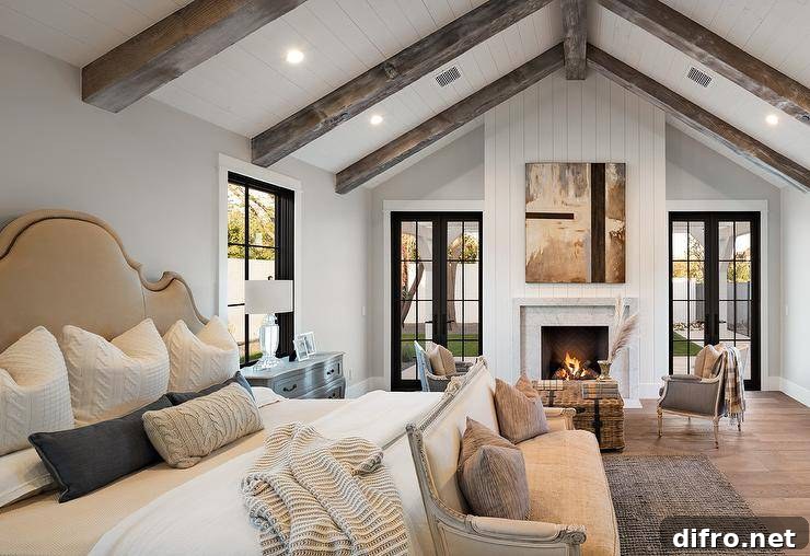 Shiplap fireplace wall with woven coffee table and gray seating