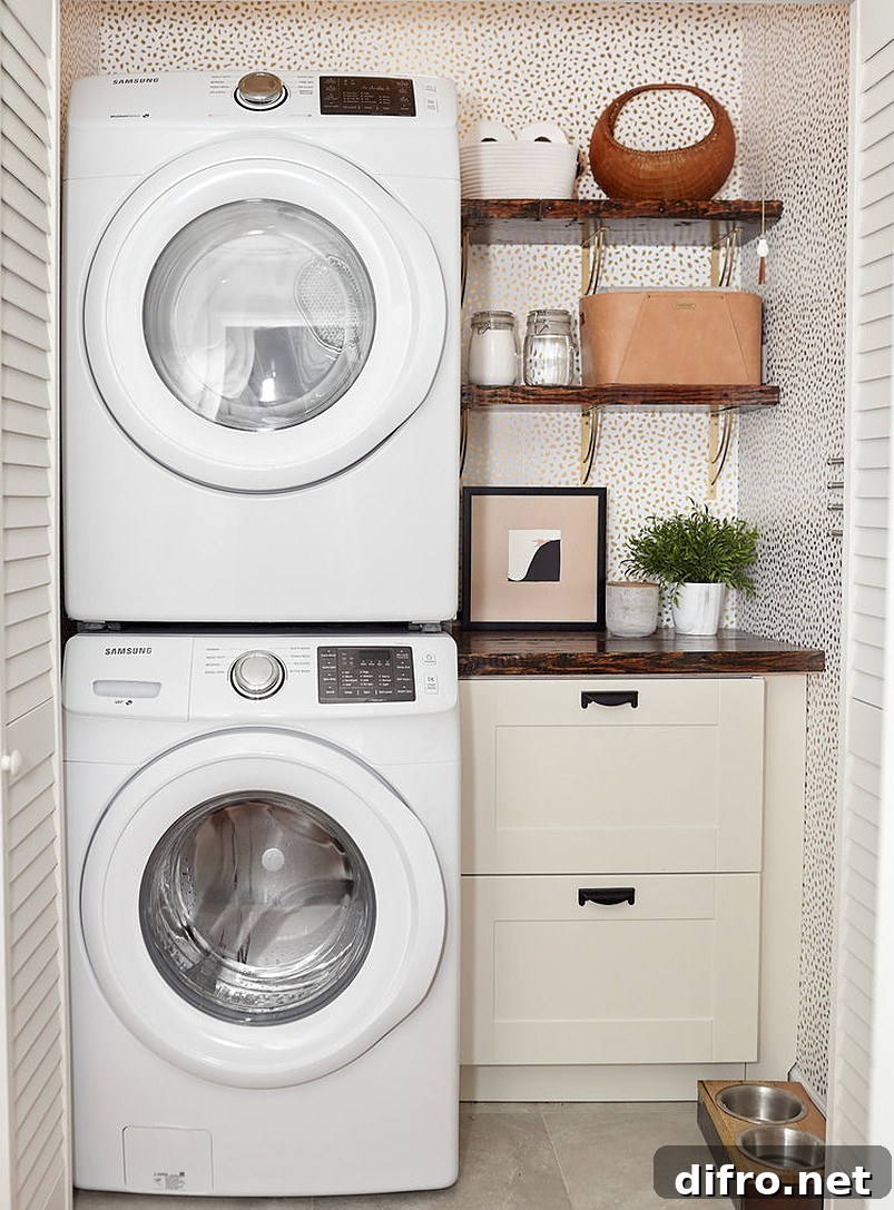 Stack up washer and dryer beside cabinet and shelves