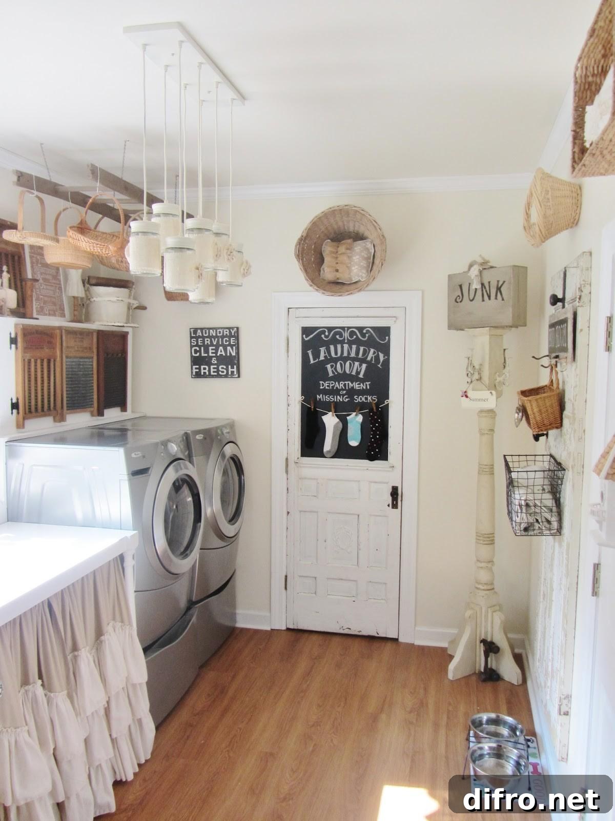 Laundry room decorated with dangling jars and baskets