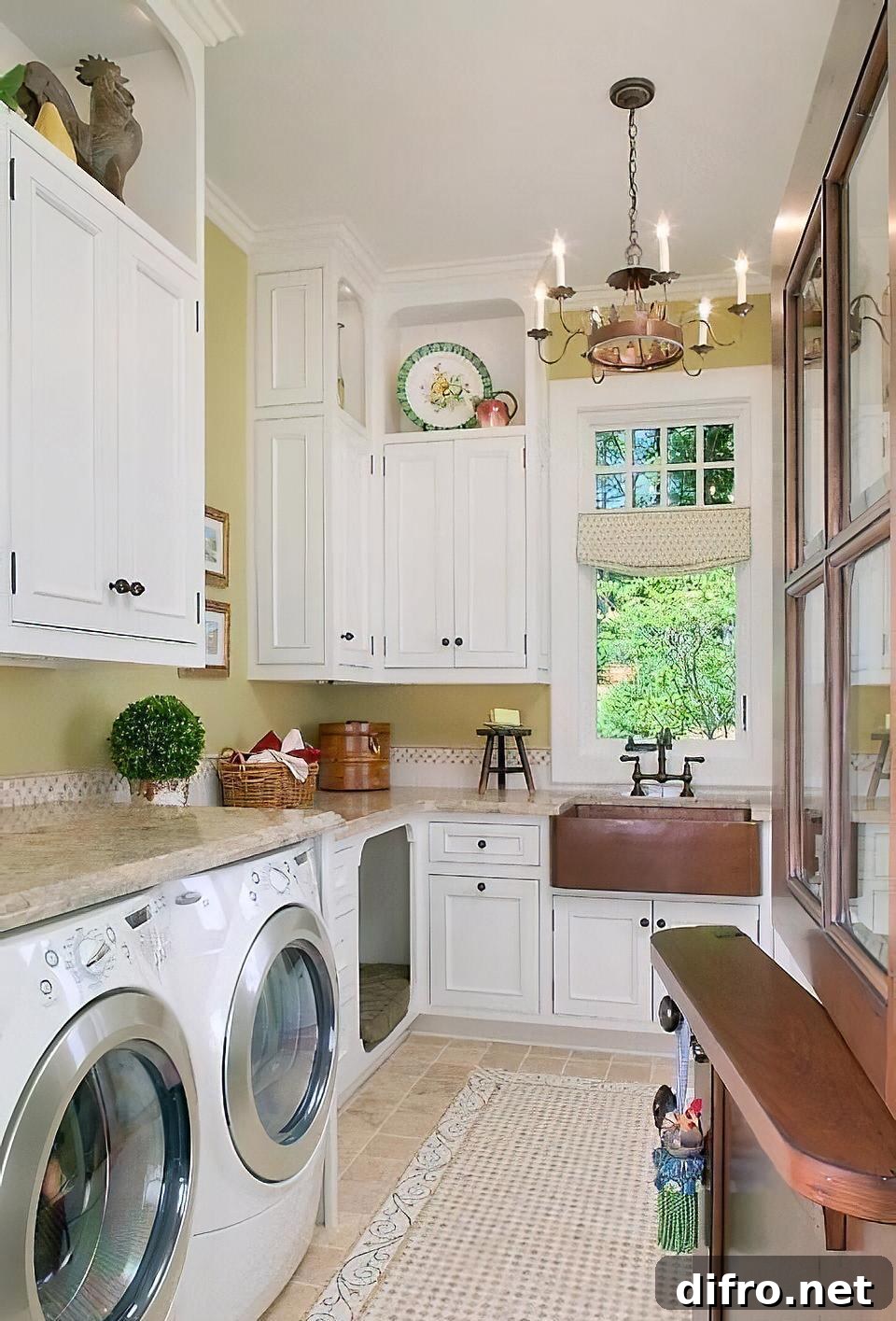 Modern laundry room with chandelier