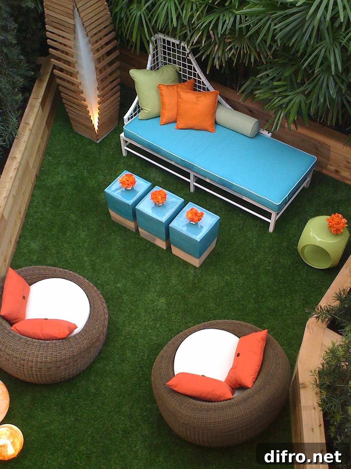 Blue seats with orange accents on a small patio
