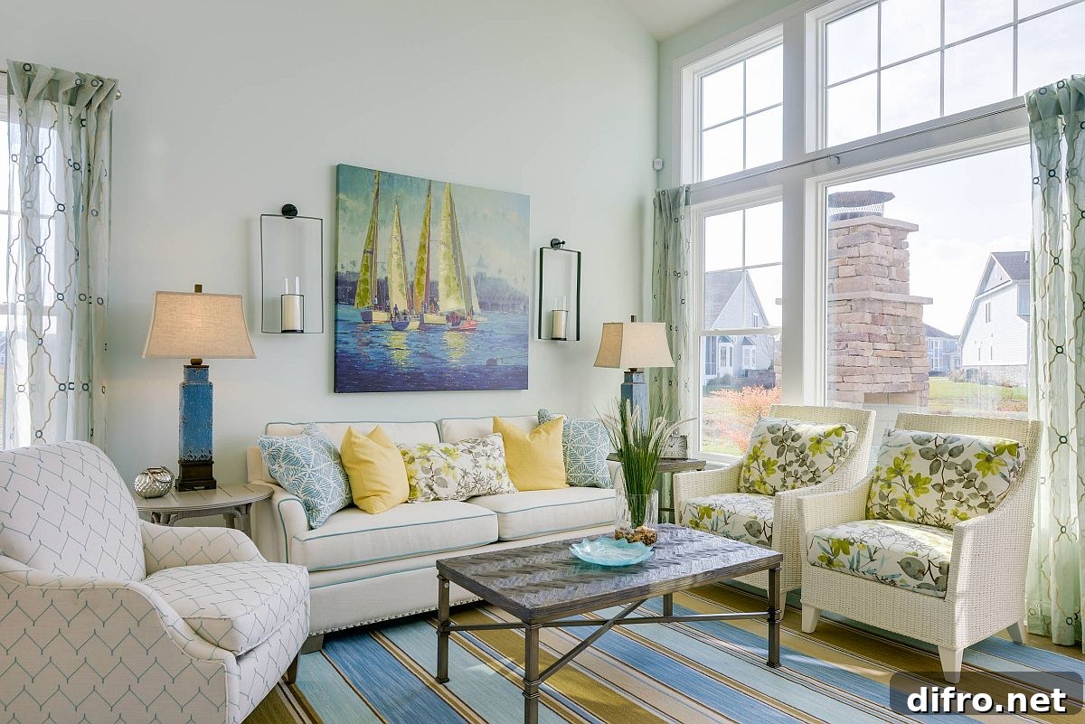 Beach-style living room with pastel pattern and bright appeal