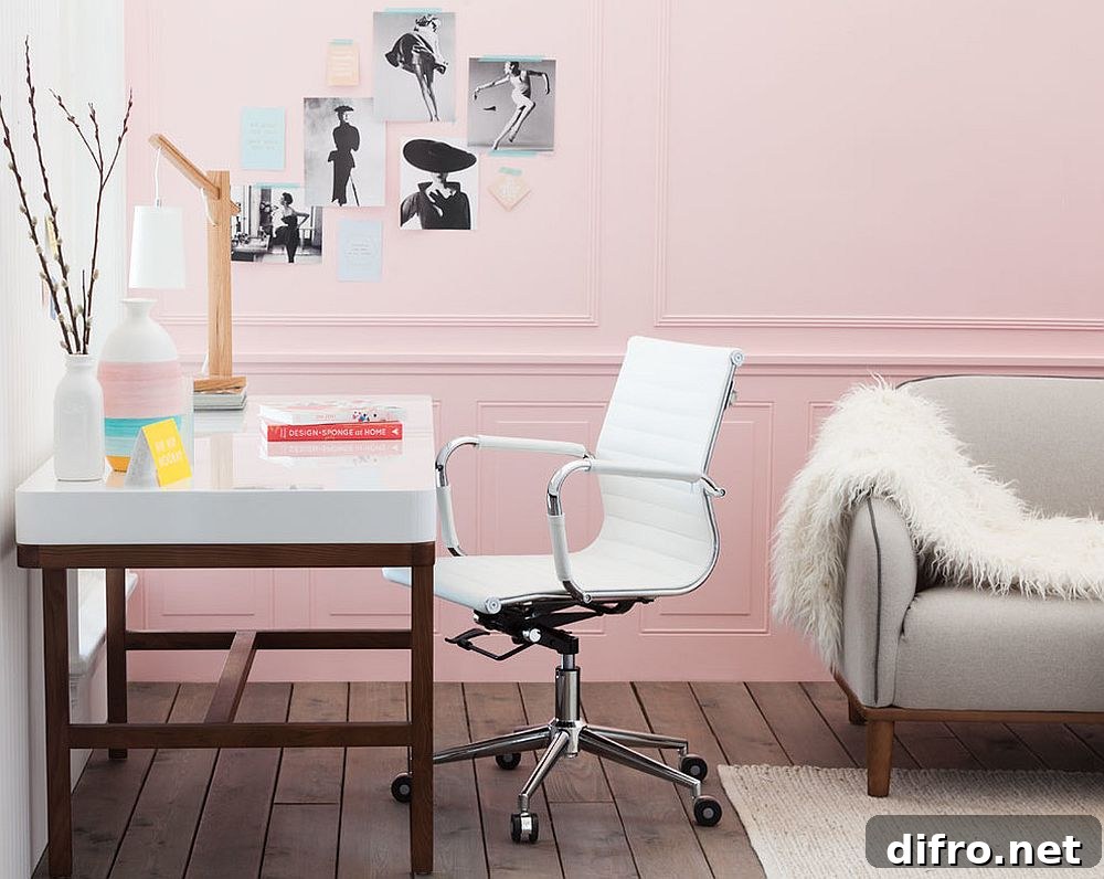 Scandinavian home office in pastel pink