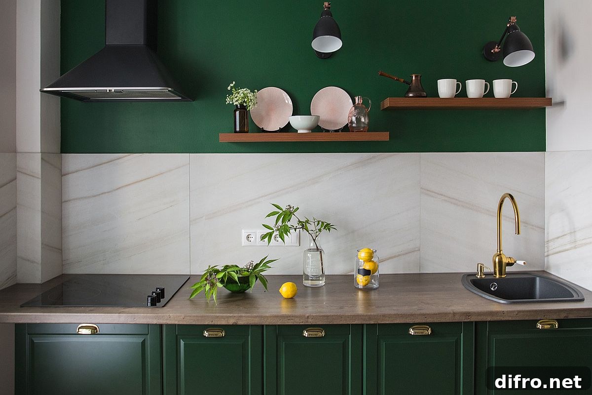 Dark green kitchen cabinets with white marble