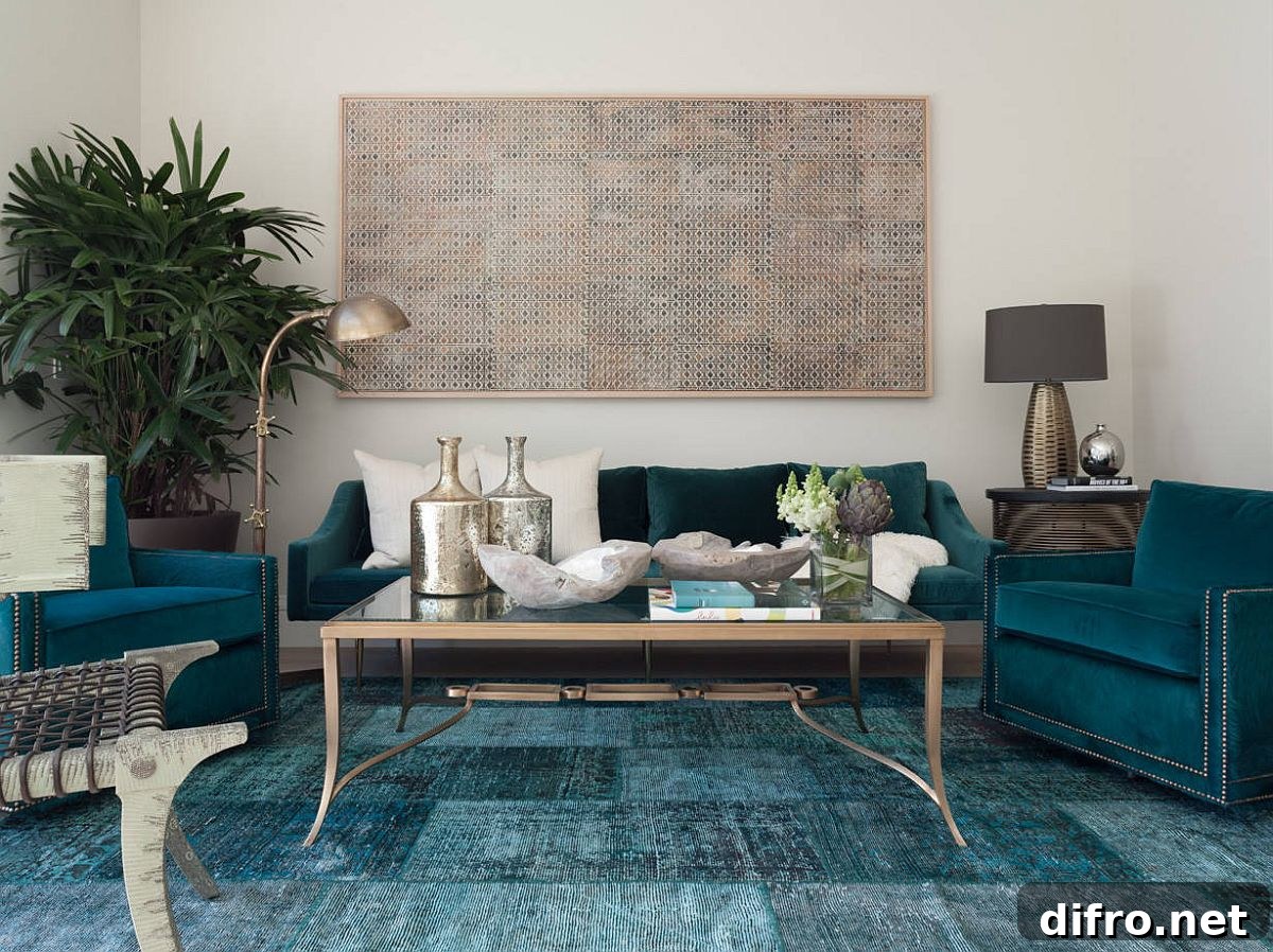 Living room with deep blue and teal accents