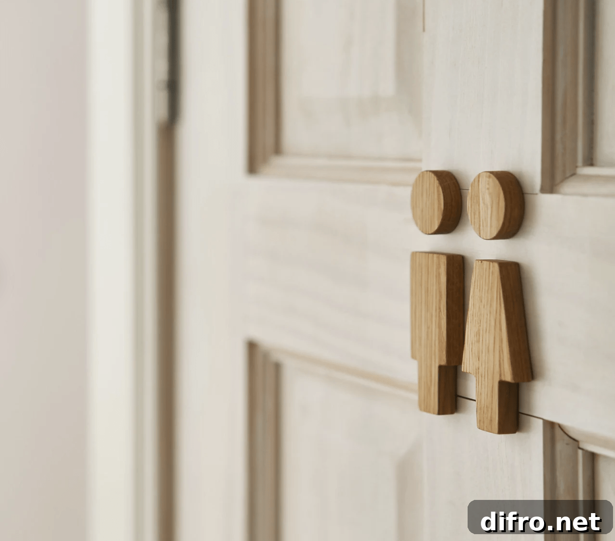 wood people on a bathroom door close up