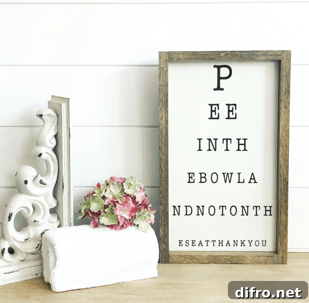 pee in the bowl eye chart funny bathroom sign on shiplap background with rustic corbel and towel with flower
