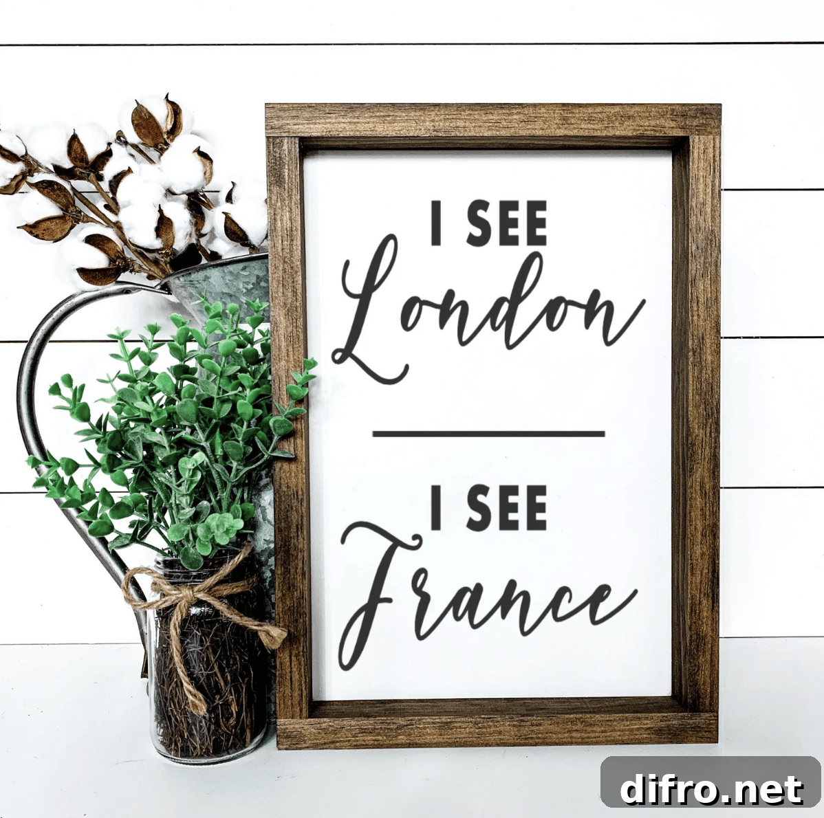 wood frame rustic bathroom sign on white shiplap background with greenery farmhouse