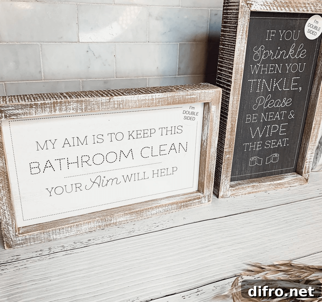 my aim is to keep bathroom clean sign with rustic wood frame white background