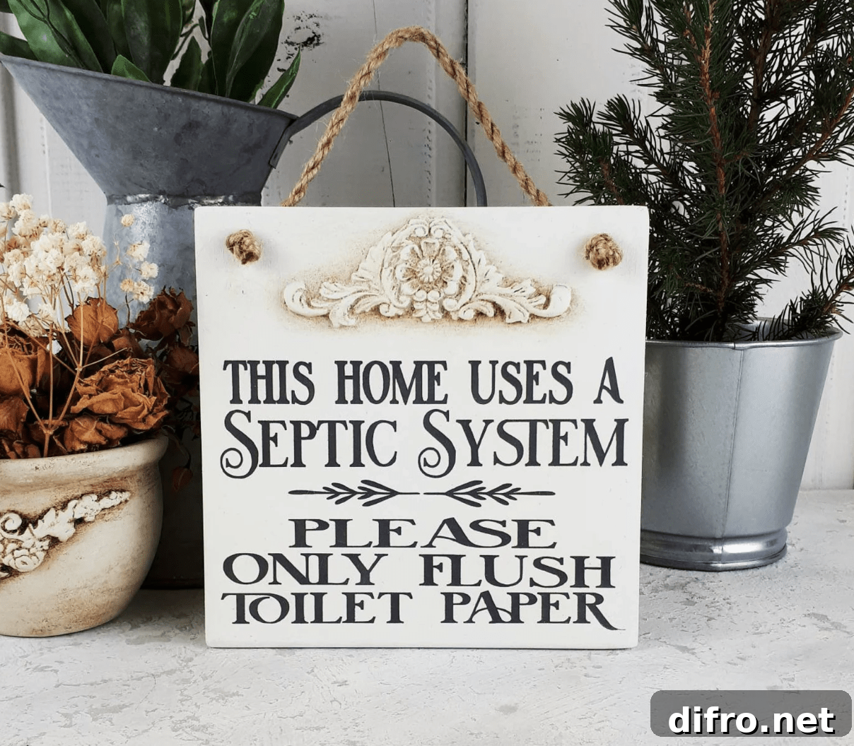 spetic system warning sign for bathroom on wood with hanging rope