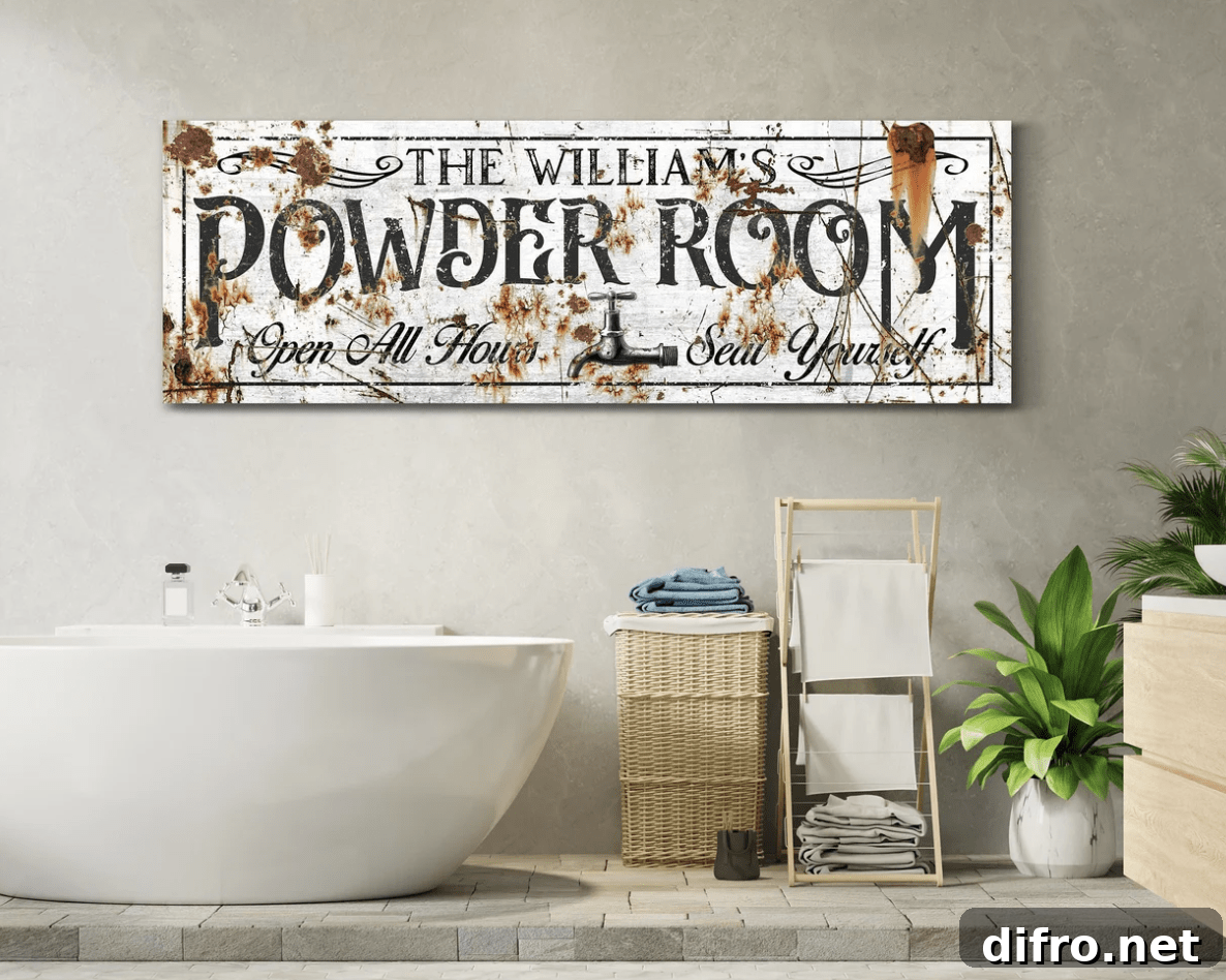 antique powder room rusty sign bathtub towel rack greenery