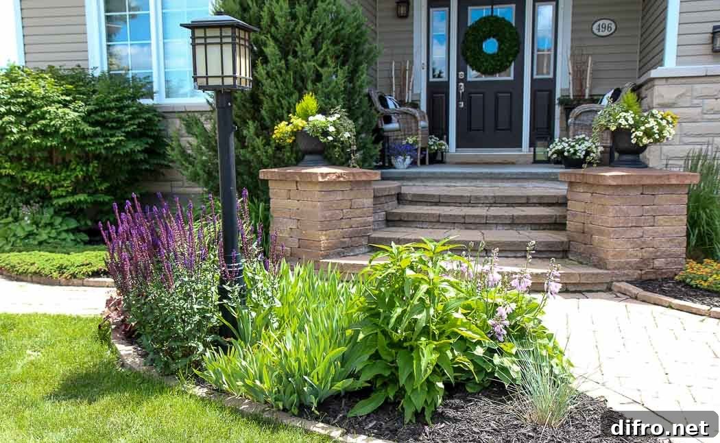 Front door with short lamp post in the yard