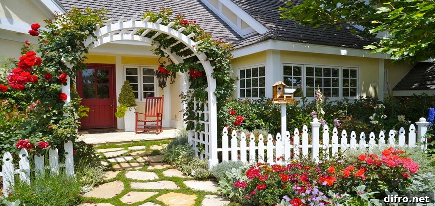 Home front with arch and red flowering plants