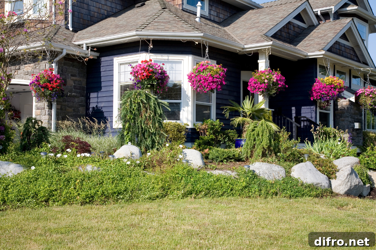 Hanging potted plants on a front porch