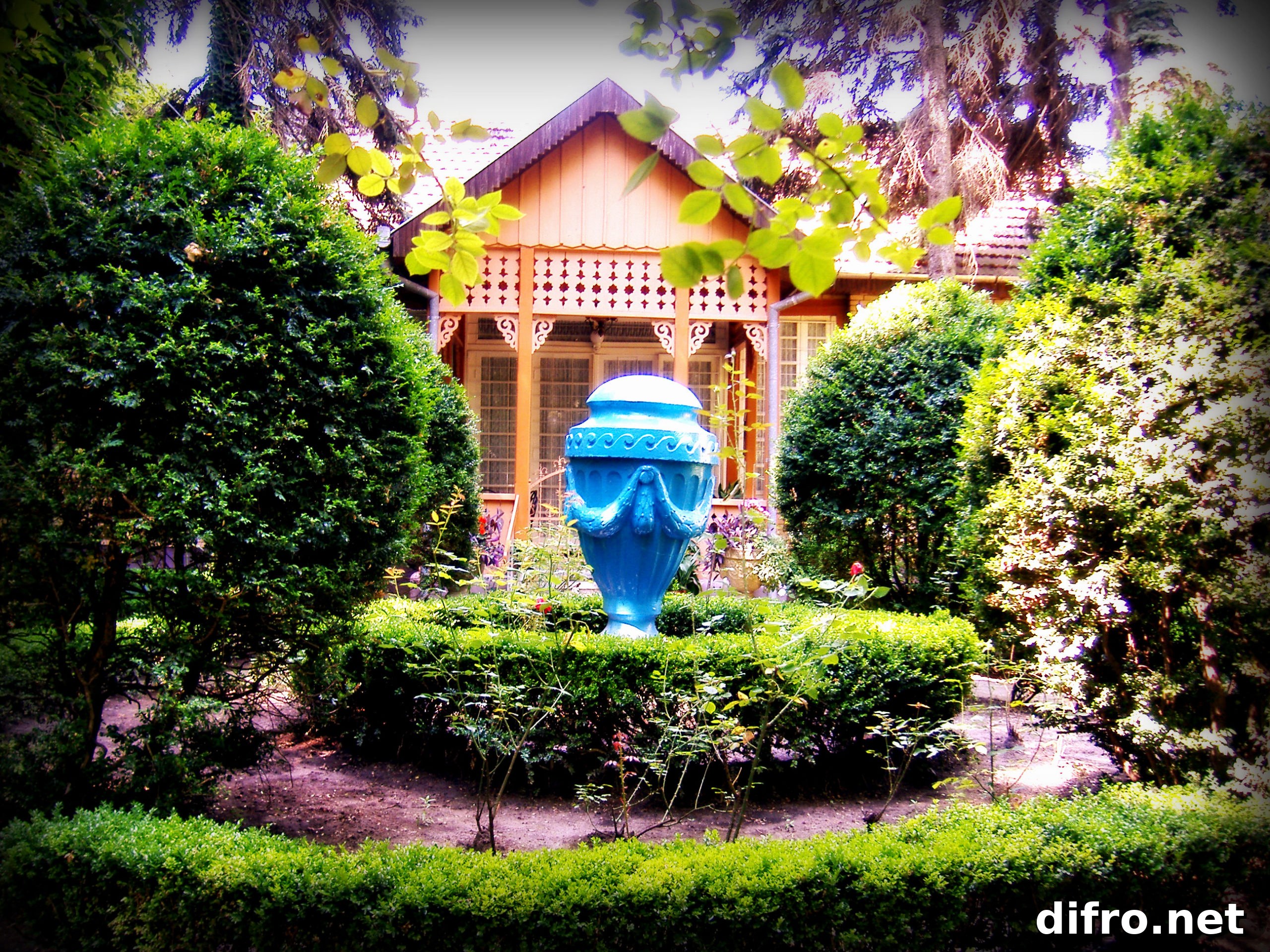 House surrounded by green plants and decorative accents