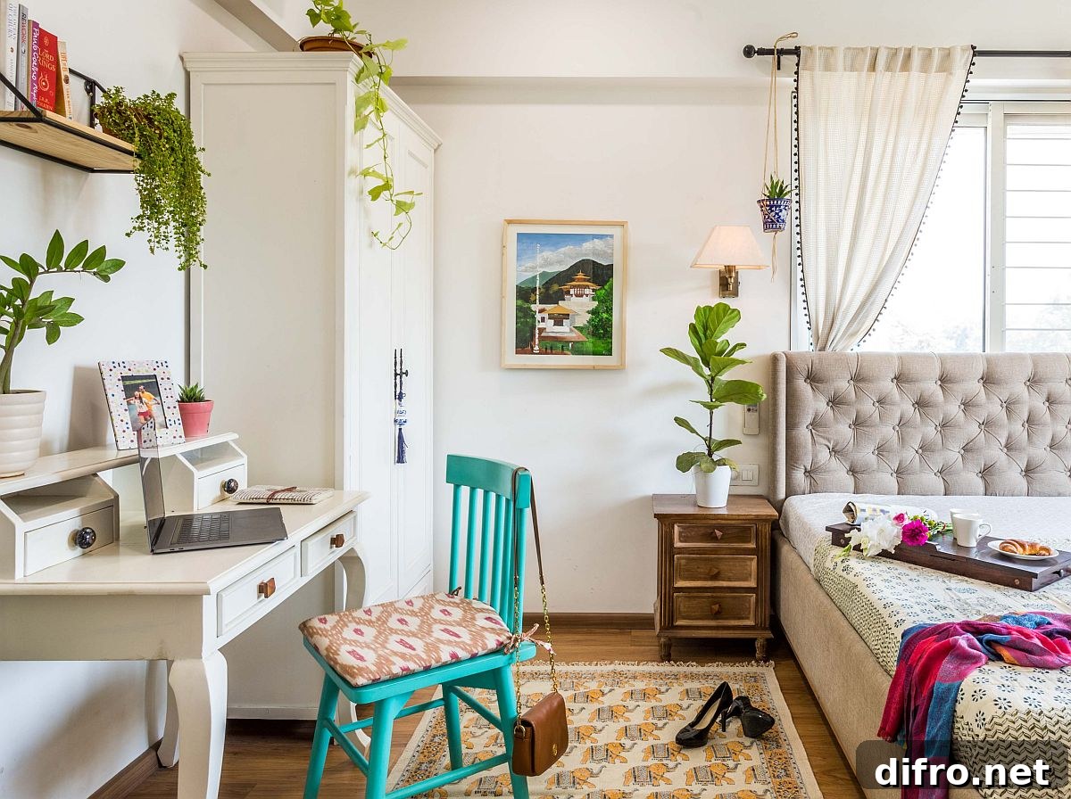 Colorful chair at a bedroom workstation