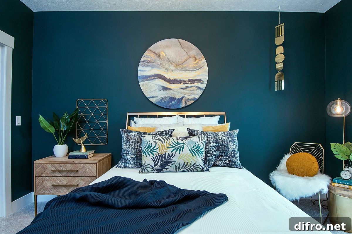 Vivacious beach style bedroom with teal walls and patterned textiles