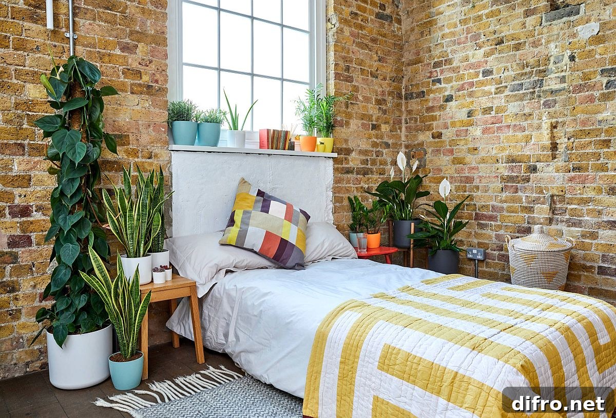 Industrial bedroom with brick walls and plants