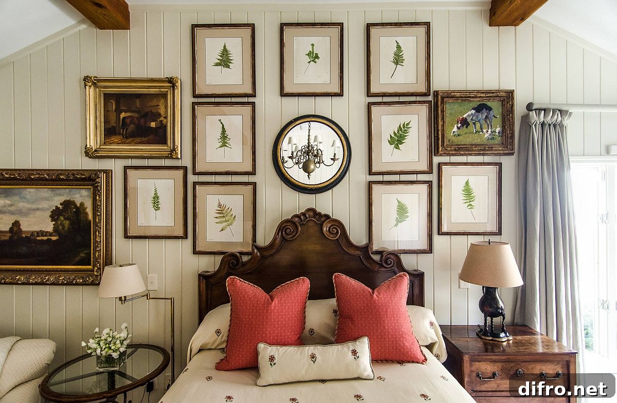 Framed botanical prints in bedroom