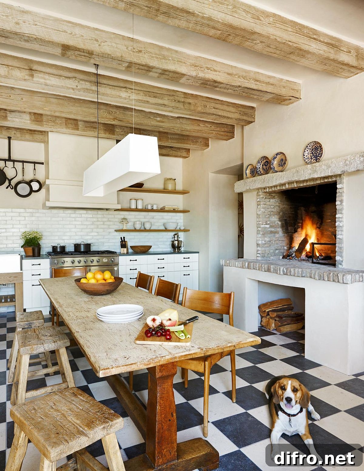 Delightful and cozy rustic kitchen with a charming fireplace