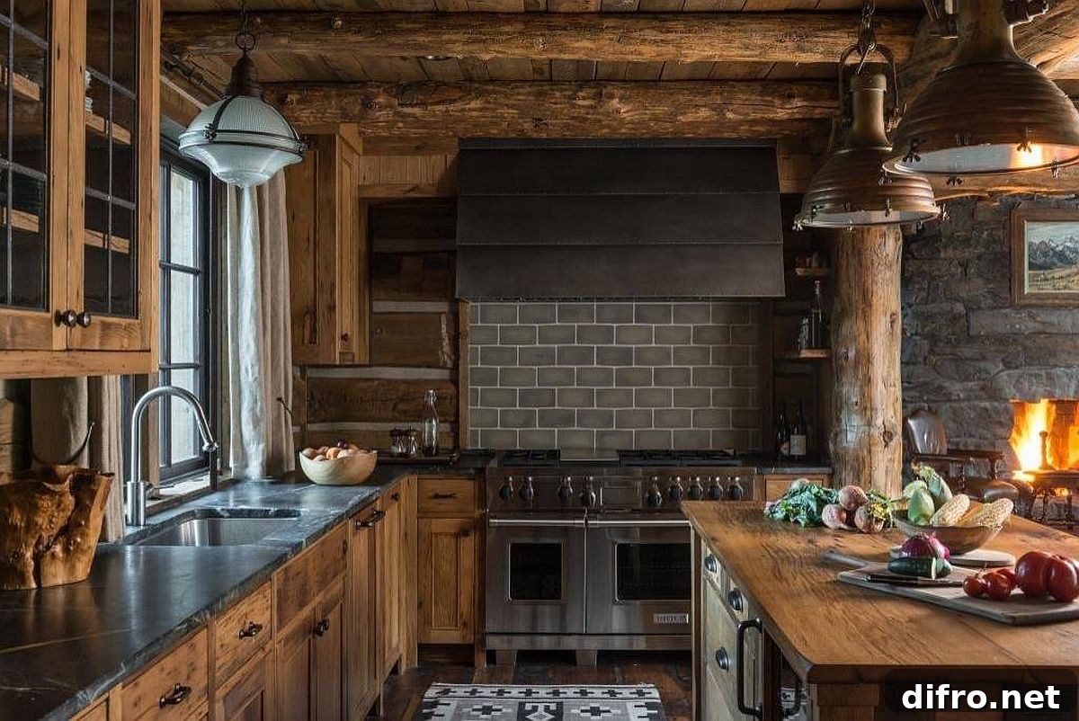 Picture-perfect rustic kitchen with a fireplace, stone coutertops and a cozy ambiance