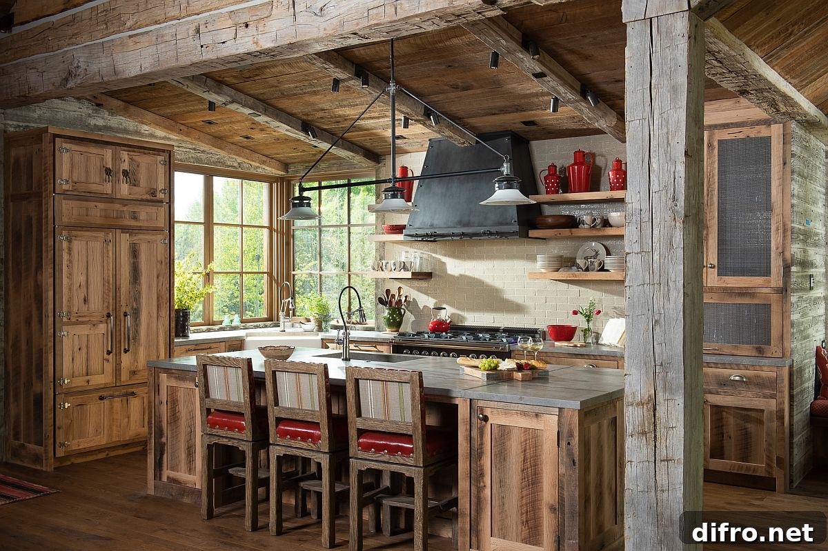 Fabulous rustic kitchen with wooden cabinets, weathered finishes and pops of red