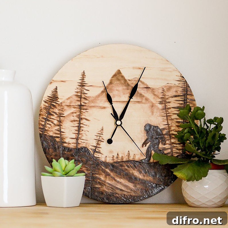 Wooden clock with two potted plants on white vase