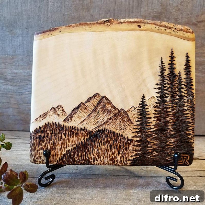 Mountain and trees burned on wood