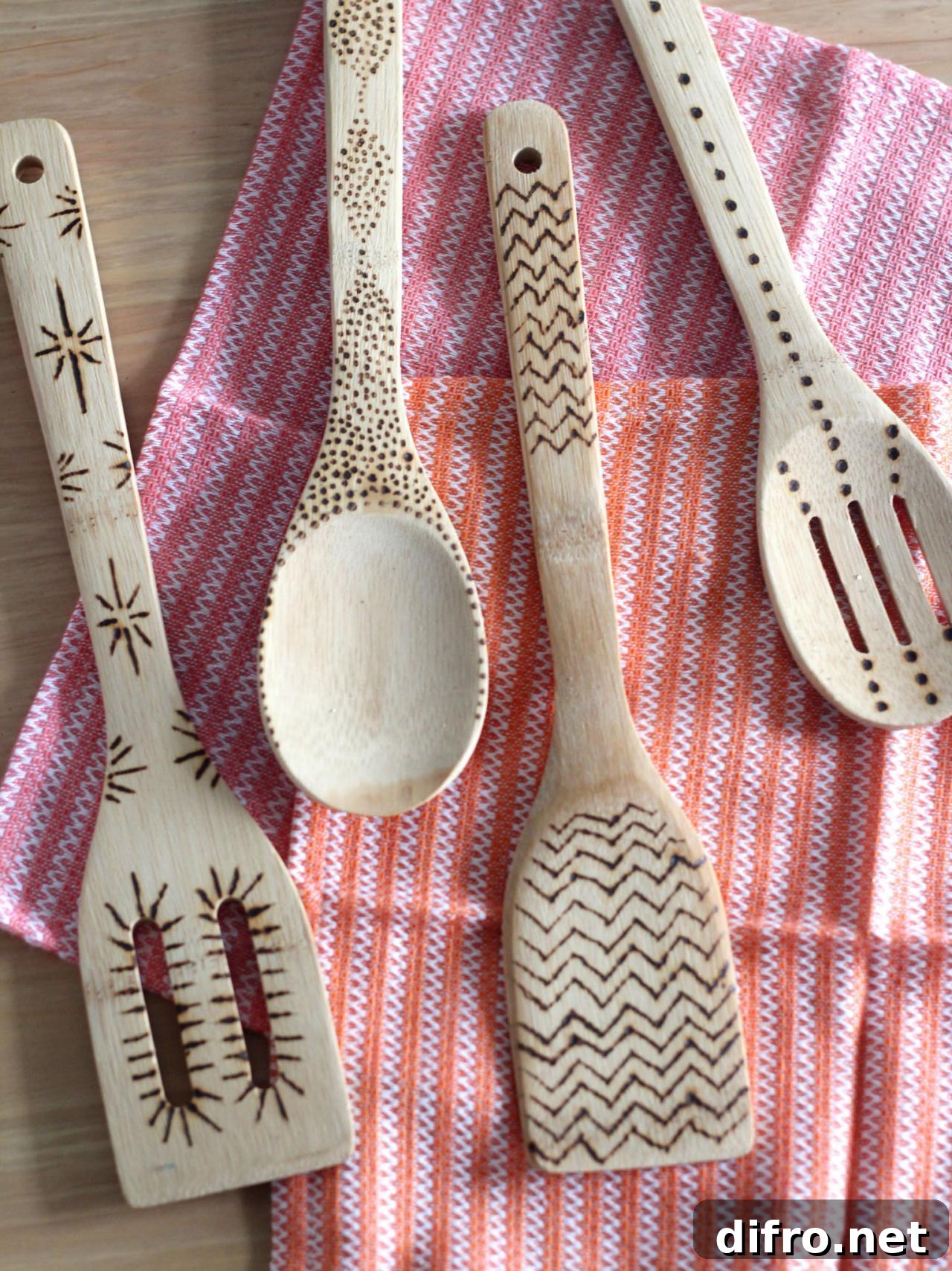 Variety of wood spoons and spatula with pattern