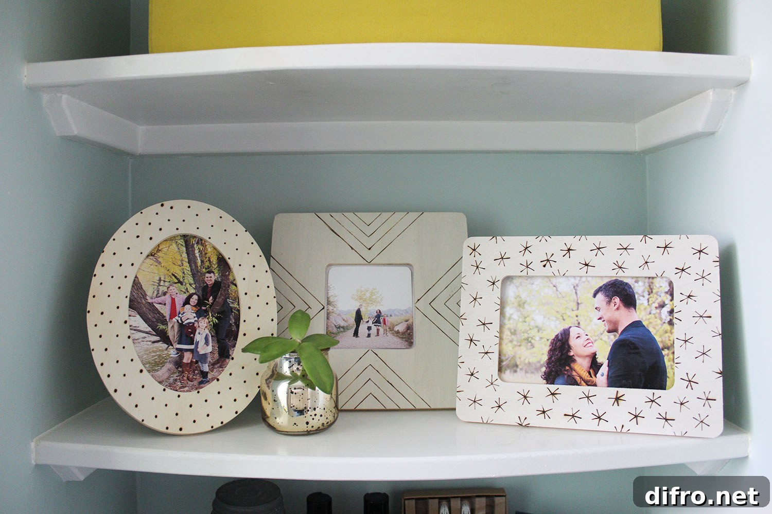 Wood burned photo frames in various shapes