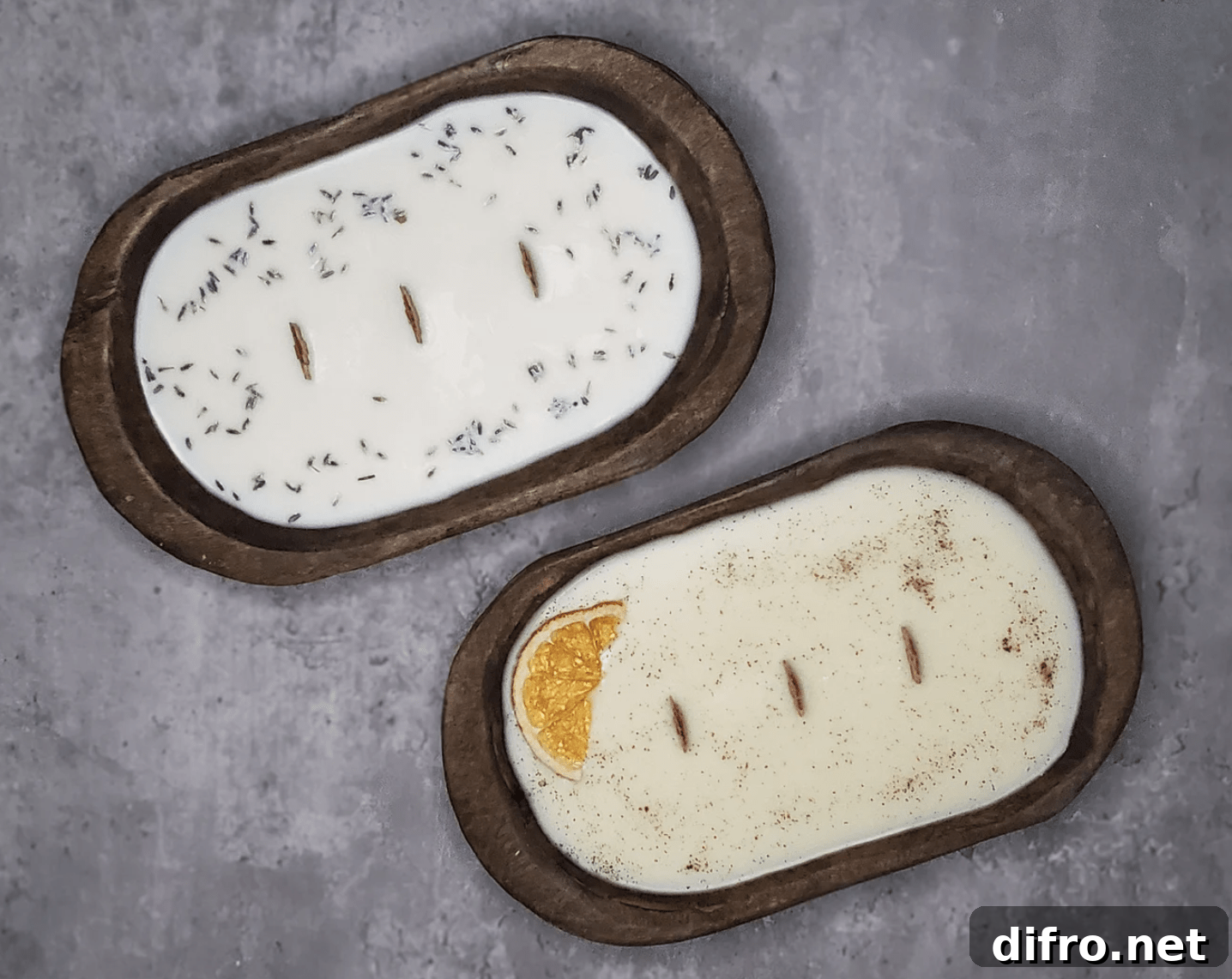 wood dough bowl candles with orange and lavender
