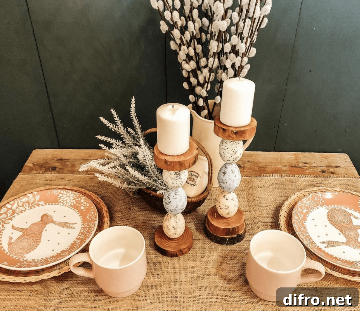 egg candlestick holders on table set for easter