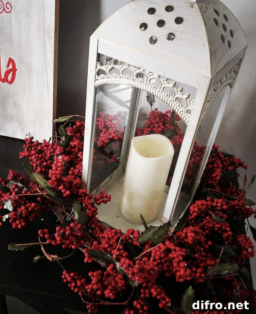 berry wreath candle ring with white lantern