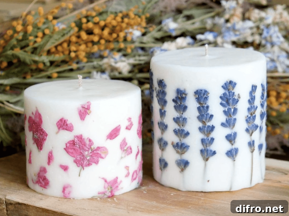 blue and pink flowers embedded into white pillar candles