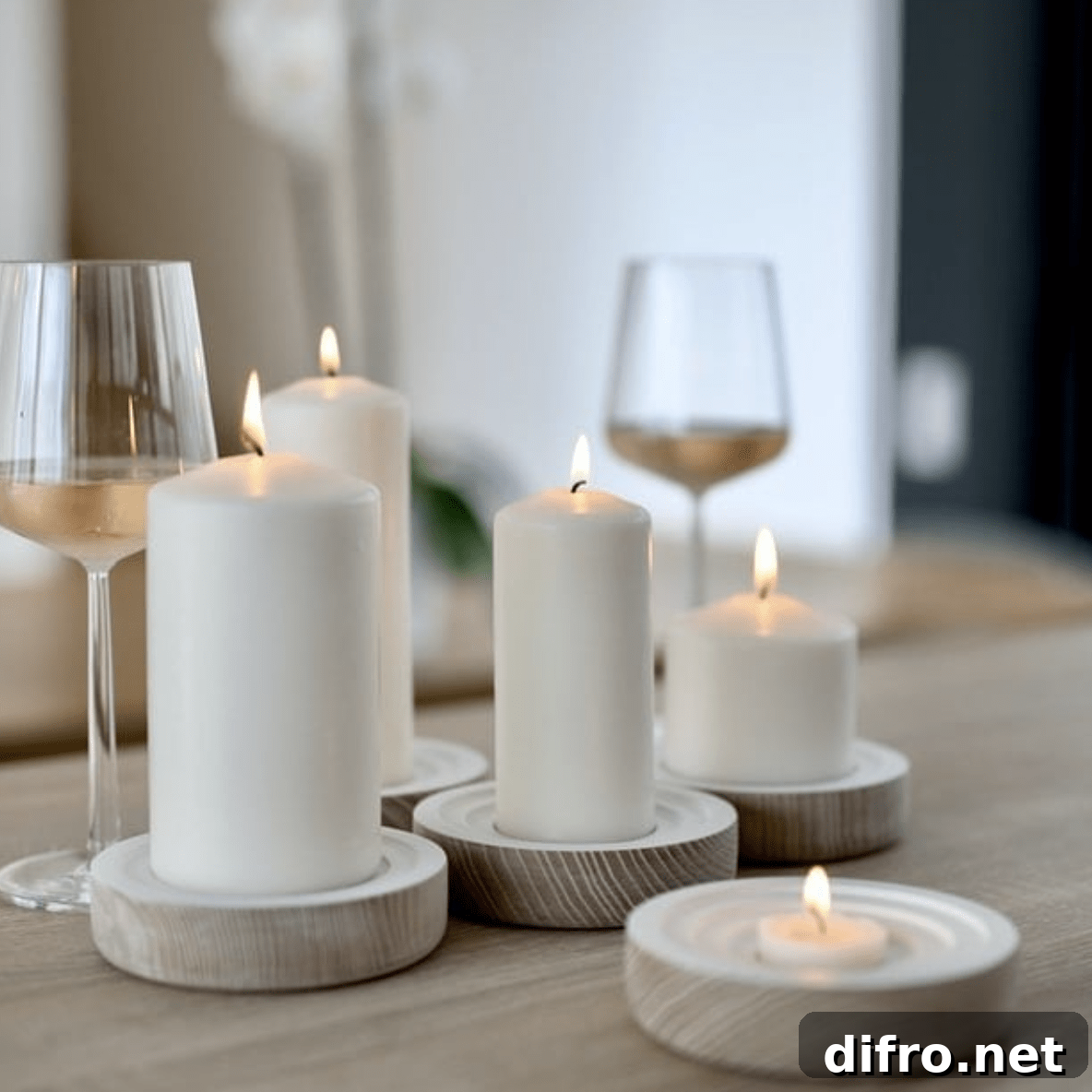 simple white candles on neutral white wood stands wine glasses