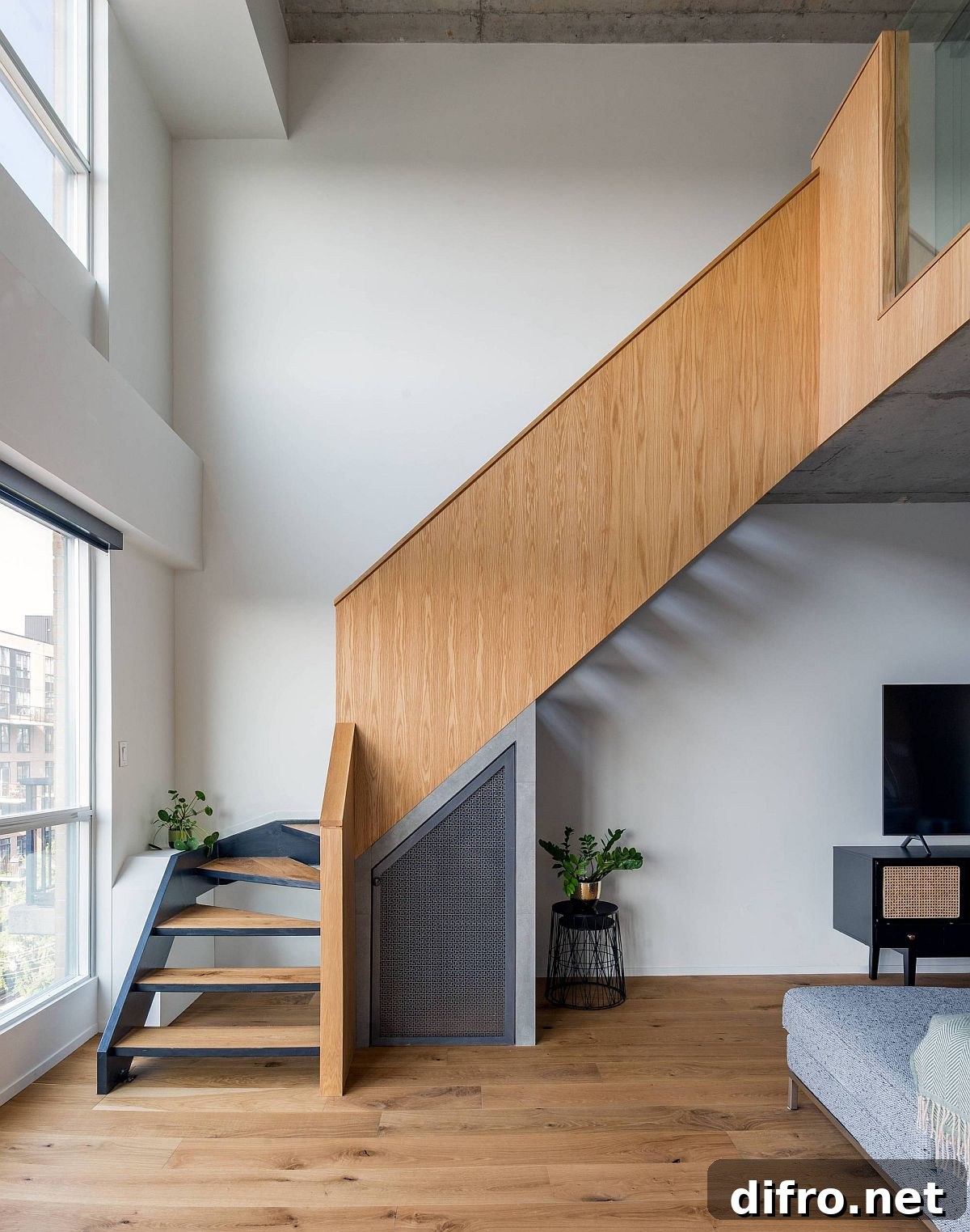 Reworked staircase inside the loft home with stained oak guard and metal steps