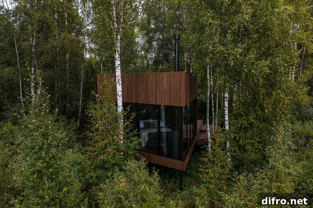 Small wooden cabin with triangular edges and large deck
