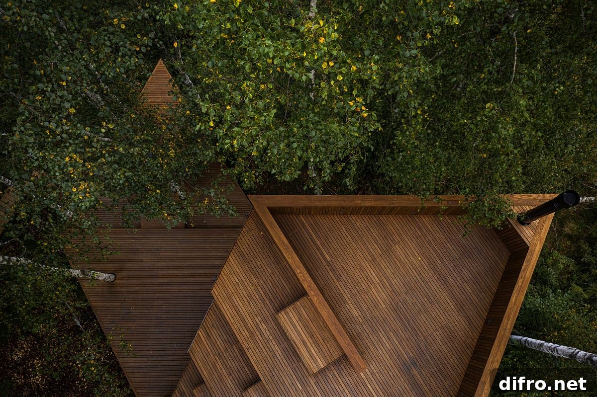 Aerial view of the modern small wood cabin in Estonia