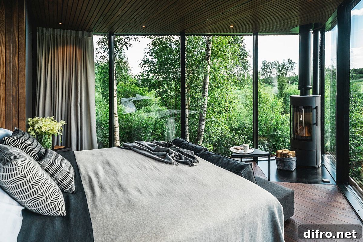 Bedroom with king-size bed and fireplace